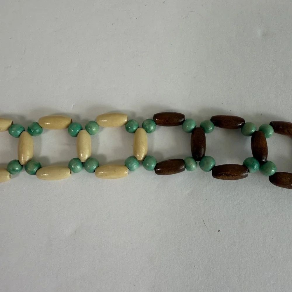 Boho Wood Beaded Tie Waist Belt Brown Cream Turquoise Western Festival Hippie